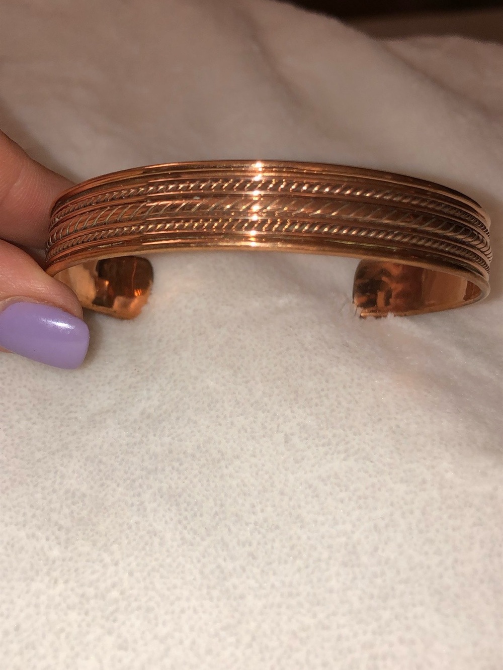 Vintage solid copper cuff bracelet with decorative rope-twist detailing